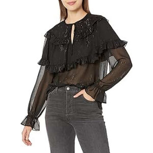 BCBGMaxAzria Sheer Ruffle Chiffon Blouse M NWT Black Edgy Designer Luxe